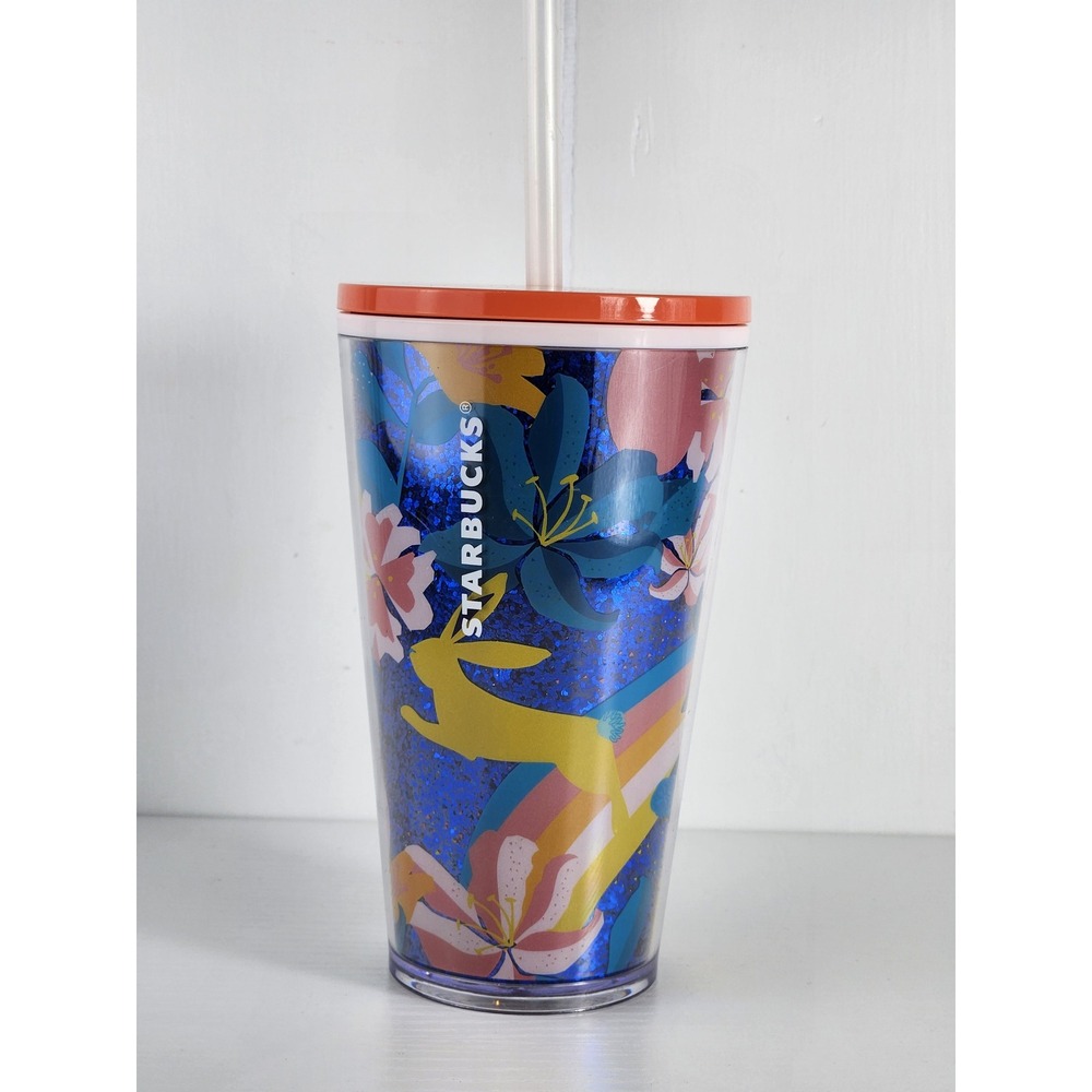 Starbucks 16oz Blue Glitter Bunny Floral Cold Cup Tumbler Orange Lid 011120399